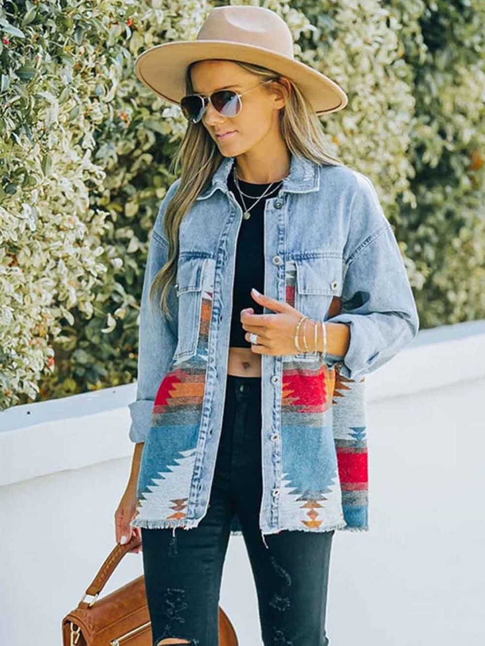 women jacket Denim Aztec Print Shacket - Blue & Red